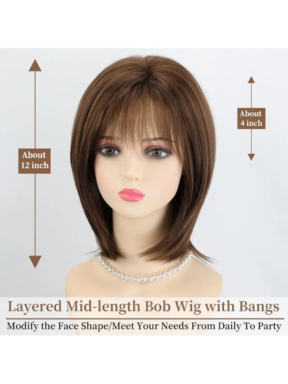 Women's Brown 12 Inch Mid Length Heat Synthetic Straight Layered Bob Wigs
